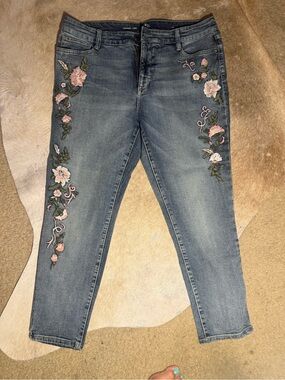 St. John's Bay Blue Boyfriend Jeans with Pink Floral Embroidery